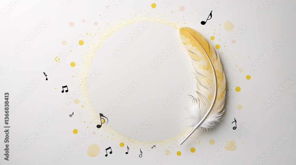 Obraz premium Soft pastel yellow feather with floating music notes in white background creating artistic space for inspirational quotes and dreamy music related design ideas cute illustration