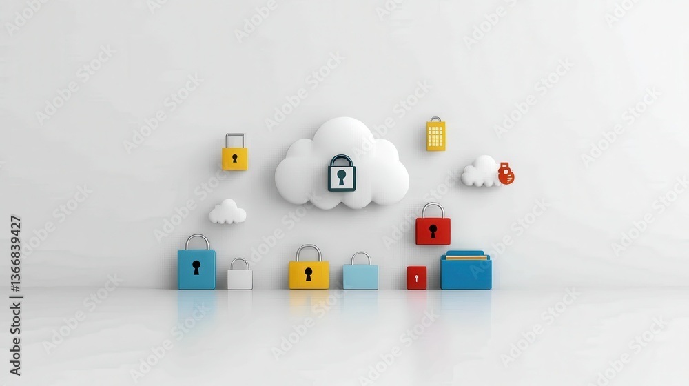 Obraz premium Abstract geometric shapes and icons representing secure cloud data storage privacy protection and cybersecurity technology solutions