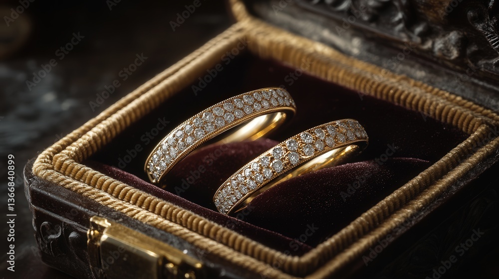 two wedding rings displayed elegantly in a luxurious velvet box, showcasing intricate details and sparkling diamonds inside two wedding rings displayed elegantly in a luxurious velvet box, showcasing intricate details and sparkling diamonds inside