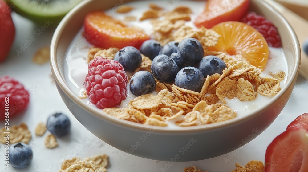 fresh cereal breakfast, with the box opened, showing a close-up of the product, and a bowl filled with cereal and milk beside it, with fruits as garnish. fresh cereal breakfast, with the box opened, showing a close-up of the product, and a bowl filled with cereal and milk beside it, with fruits as garnish.
