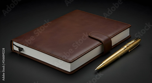 Brown Leather Notebook And Gold Pen On Dark Background