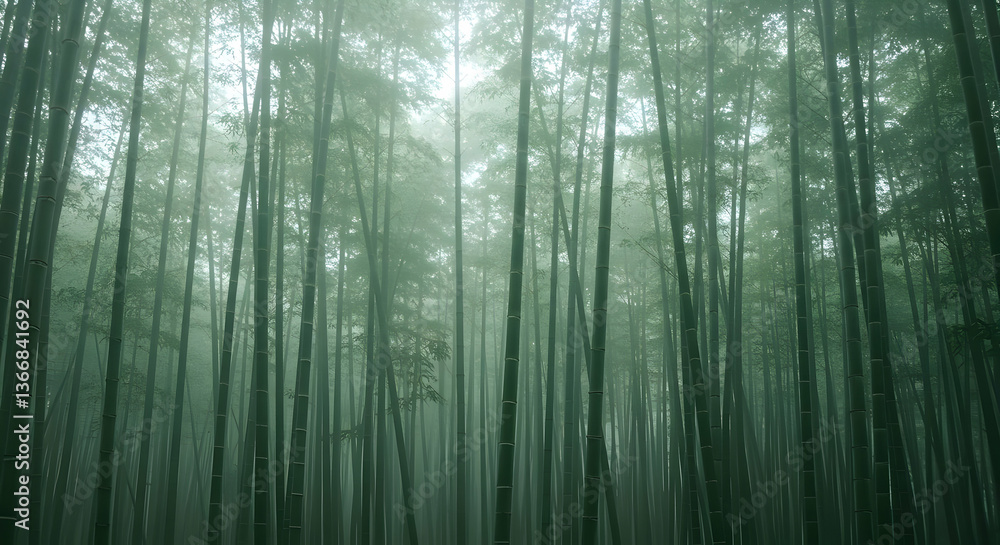 Fototapeta premium Misty Bamboo Forest With Sunlight