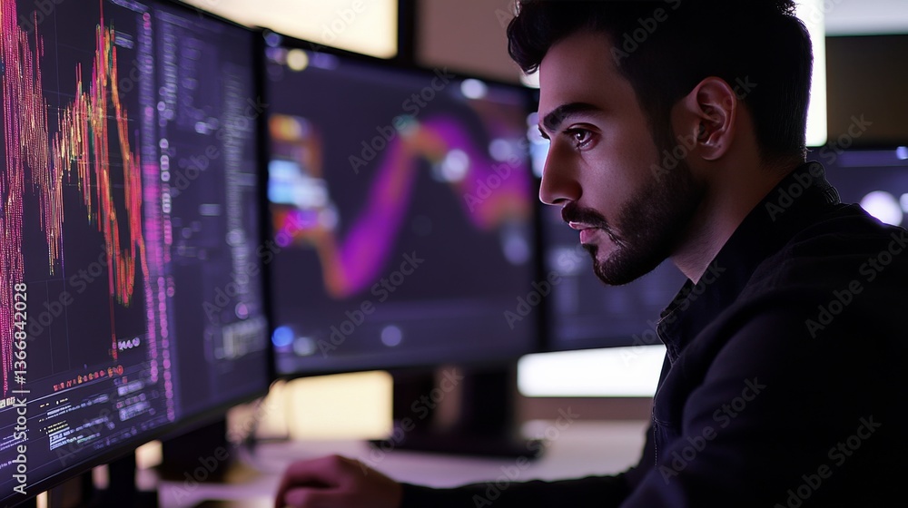A cryptocurrency developer working on AI powered decentralized solutions for crypto backed decentralized art marketplaces, futuristic art lab with live data, High-tech style A cryptocurrency developer working on AI powered decentralized solutions for crypto backed decentralized art marketplaces, futuristic art lab with live data, High-tech style