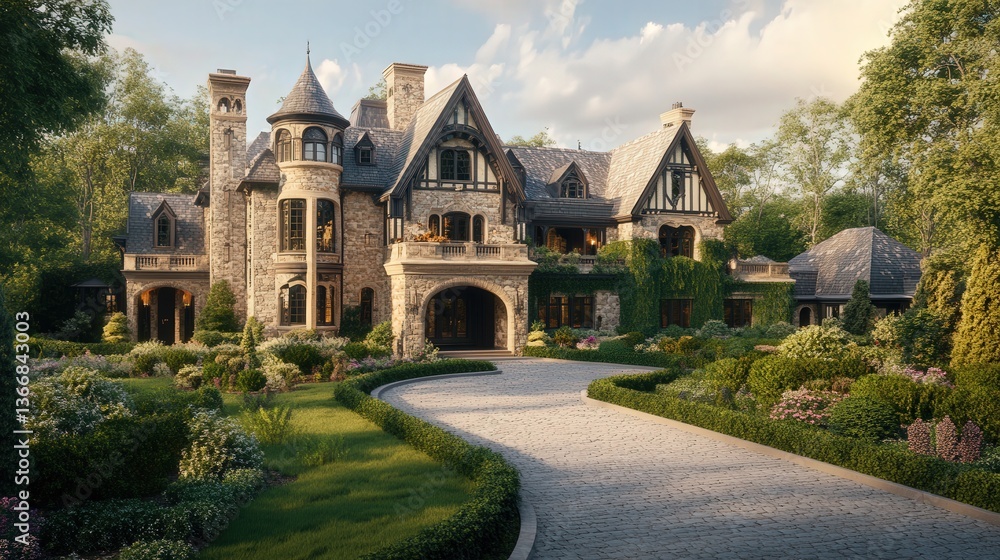 mansion-style house with intricate stonework, a large driveway, and lush gardens surrounding it. mansion-style house with intricate stonework, a large driveway, and lush gardens surrounding it.