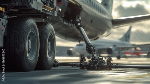 the detailed mechanics of an aircraft towing vehicle, with a focus on the vehicle's tow bar and connections to the airplane.