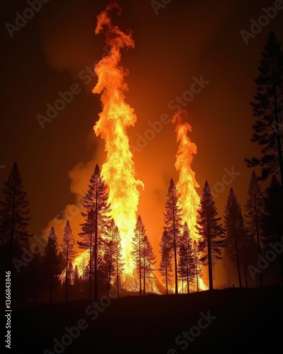Massive wildfire engulfing a dense forest at night with towering flames and thick smoke, intense natural disaster scene illustrating climate change and environmental crisis.