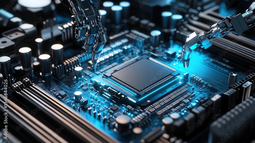 CPU being installed into a motherboard socket by robotic arms in a high-tech lab. CPU being installed into a motherboard socket by robotic arms in a high-tech lab.