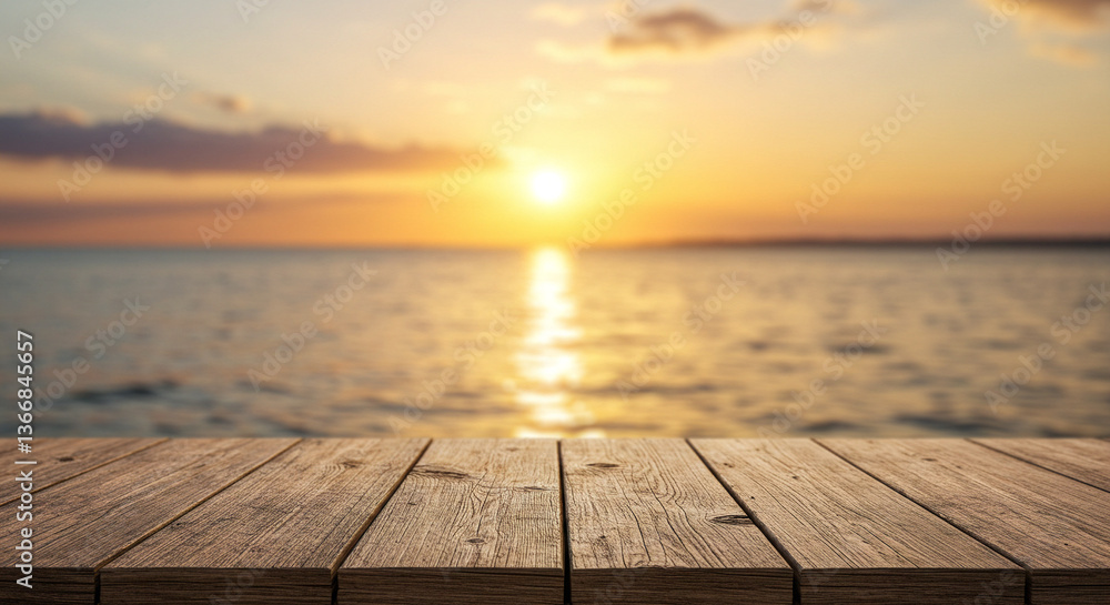 Warm and Peaceful Scene Featuring Wooden Table and Blurred Ocean Background Warm and Peaceful Scene Featuring Wooden Table and Blurred Ocean Background