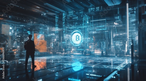 A cryptocurrency expert creating AI powered decentralized platforms for blockchain based crypto backed decentralized social media, futuristic social media lab with live data, High-tech style