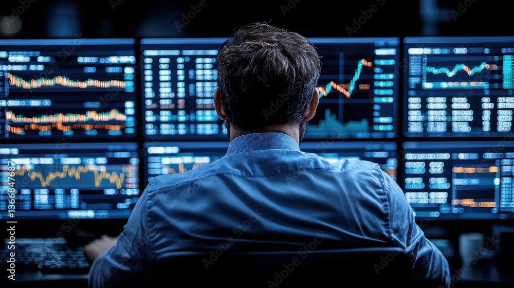 He is focused on the screens and he is working on analyzing the data He is focused on the screens and he is working on analyzing the data