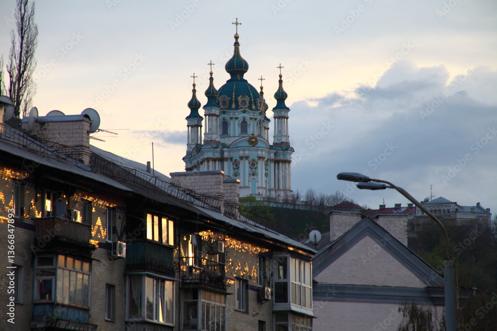 Naklejka premium Orthodox church in early spring at sunset, Kyiv, Ukraine, Europe.