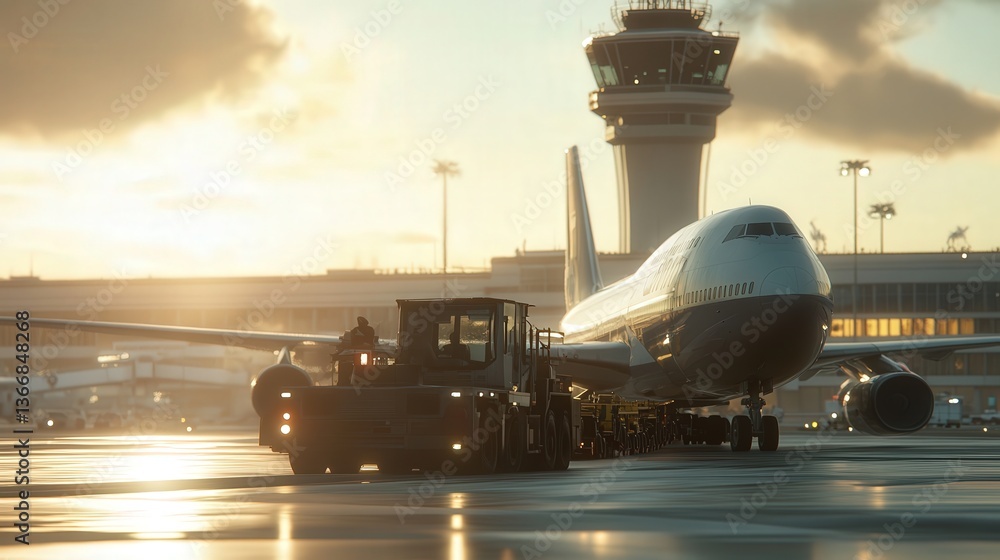 aircraft towing vehicle pulling a large jet along the apron, with the airport's terminal and control tower in the background. aircraft towing vehicle pulling a large jet along the apron, with the airport's terminal and control tower in the background.