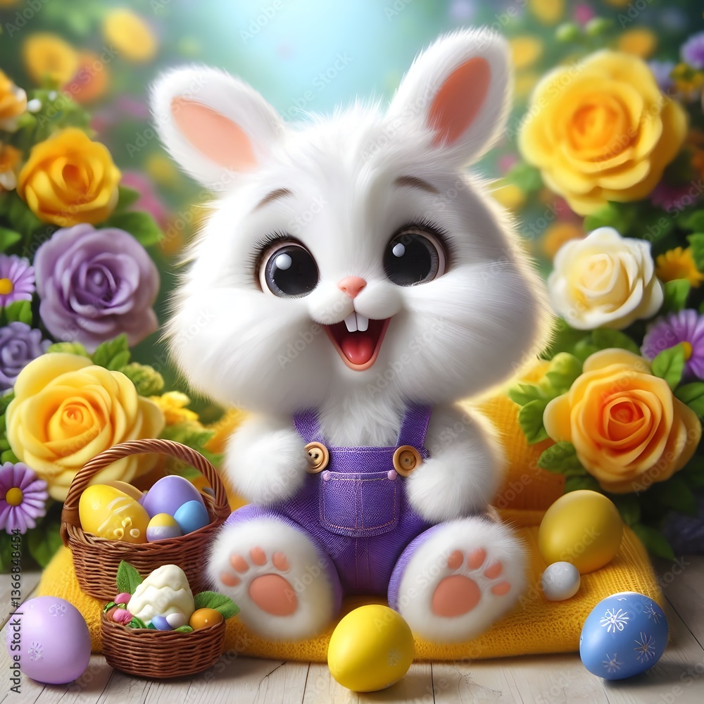 Fototapeta premium a bunny and colorful easter eggs with colorful flowers background