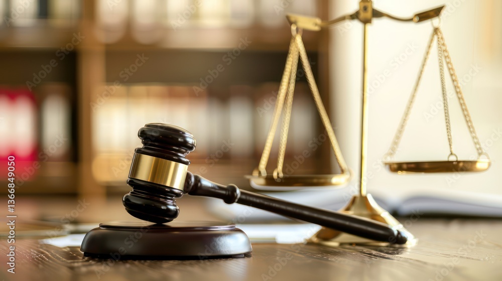 Illustrate a gavel resting beside a justice scale on a polished wooden surface, with a blurred background of legal documents and room for adding text. Illustrate a gavel resting beside a justice scale on a polished wooden surface, with a blurred background of legal documents and room for adding text.