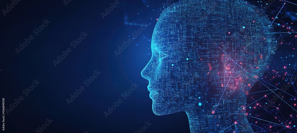 Obraz premium Abstract Digital Human Profile with Binary Code and Circuit Patterns – A Futuristic Vector Illustration of Artificial Intelligence