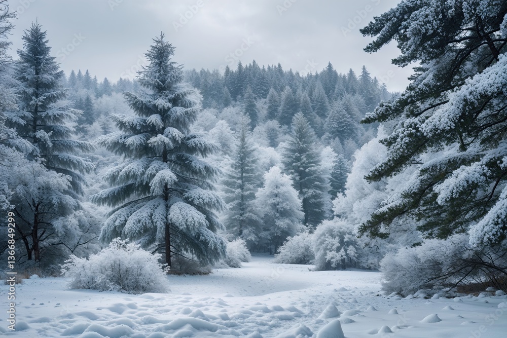 Serene Winter Wonderland Capturing Snowy Pines and Soft Drifts in a Charming Landscape Serene Winter Wonderland Capturing Snowy Pines and Soft Drifts in a Charming Landscape