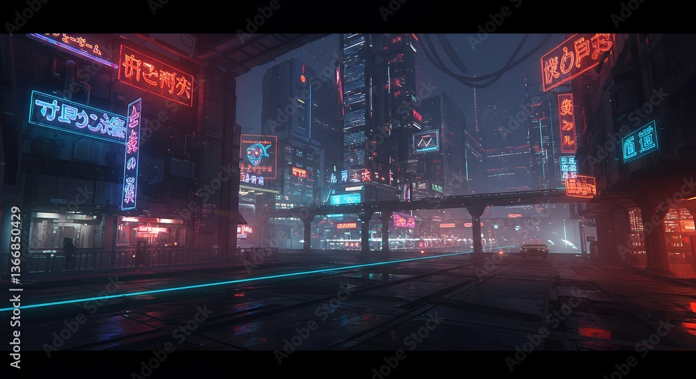 Exploring the Vibrant Cyberpunk City Street with Glowing Neon Signs Exploring the Vibrant Cyberpunk City Street with Glowing Neon Signs