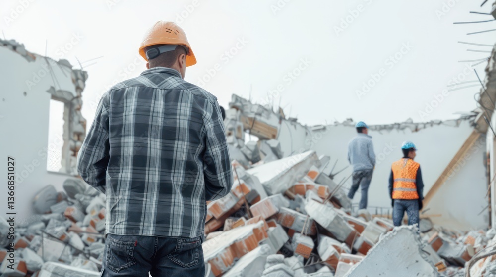 Illustrate a construction worker directing a team of workers in the demolition of a brick wall, coordinating efforts for efficient and safe removal. white scene. Illustrate a construction worker directing a team of workers in the demolition of a brick wall, coordinating efforts for efficient and safe removal. white scene.
