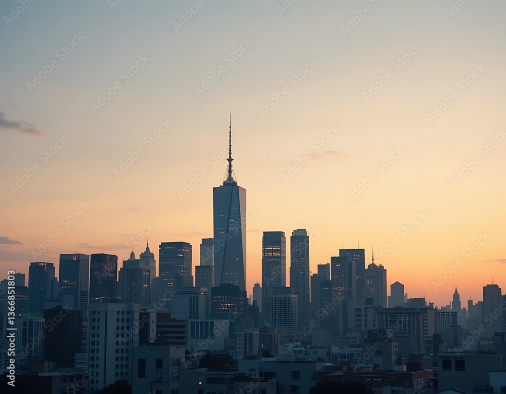 Naklejka premium New York City Skyline at Dusk with Warm Sunset Light
