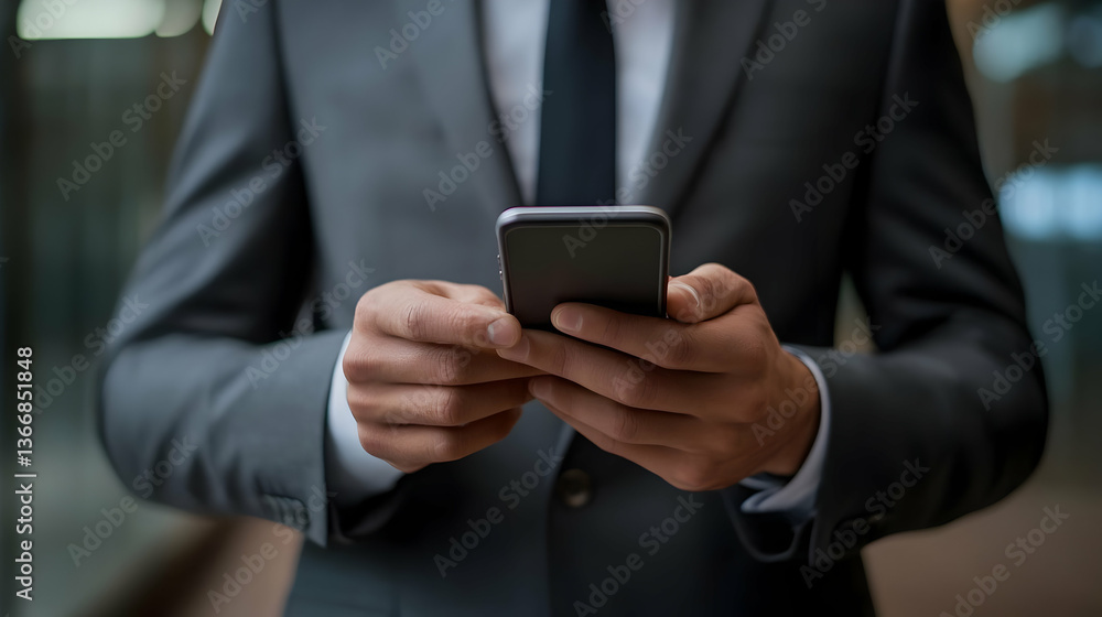 Close Up of a Businessman in Gray Suit Texting on Mobile Phone with Glass Background In An Urban Setting During Daytime Close Up of a Businessman in Gray Suit Texting on Mobile Phone with Glass Background In An Urban Setting During Daytime