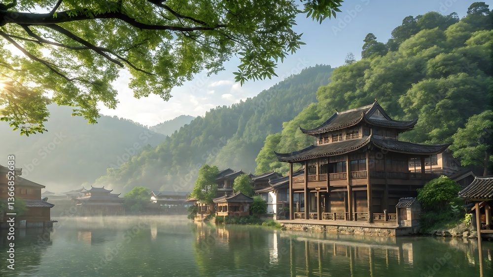 Traditional Chinese architecture, tranquil lake, misty mountains, lush green trees, wooden pavilion, reflections in water, peaceful landscape, ancient oriental village, overhanging branches Traditional Chinese architecture, tranquil lake, misty mountains, lush green trees, wooden pavilion, reflections in water, peaceful landscape, ancient oriental village, overhanging branches