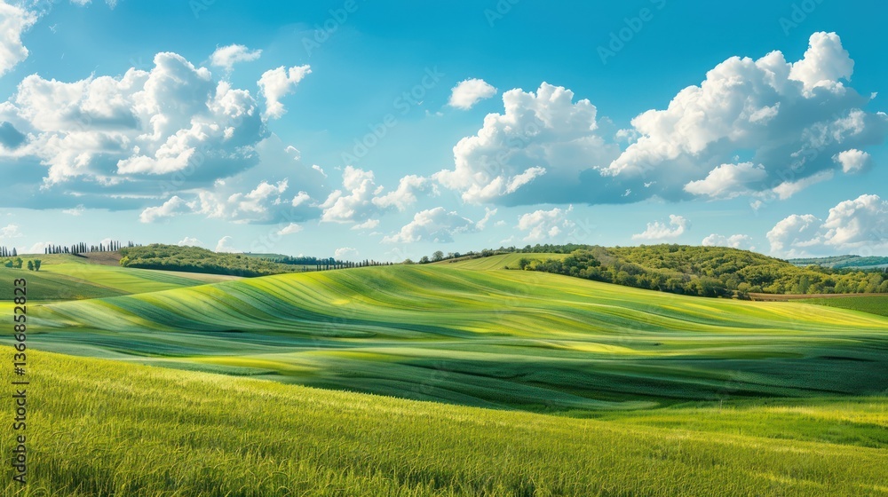 Fototapeta premium Capture a scenic view of countryside landscapes with rolling hills and open fields, offering a tranquil backdrop for real estate advertising.