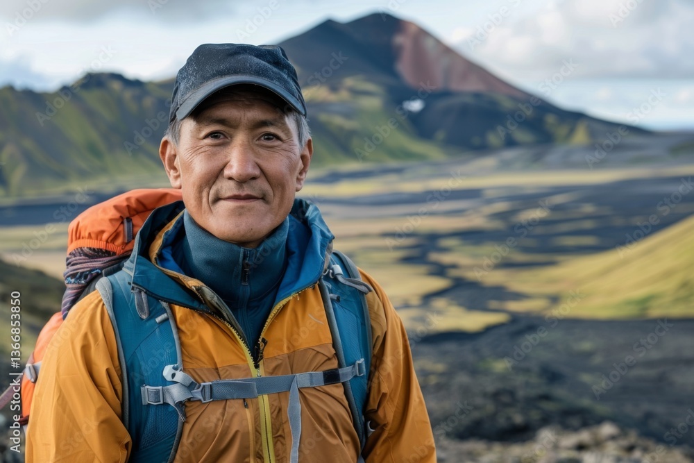 Portrait of a middle aged adult Asian man hiking in Volcanic Landscapes in Iceland Portrait of a middle aged adult Asian man hiking in Volcanic Landscapes in Iceland