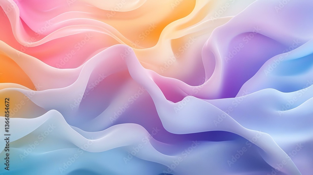 Fototapeta premium This vibrant and colorful background features flowing waves of soft fabric, blending hues of purple, blue, pink, and orange, perfect for adding a touch of elegance to any design.