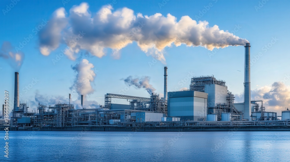 factory with large chimneys, showing the vast industrial complex surrounded by machinery, with the chimneys prominently releasing smoke. factory with large chimneys, showing the vast industrial complex surrounded by machinery, with the chimneys prominently releasing smoke.