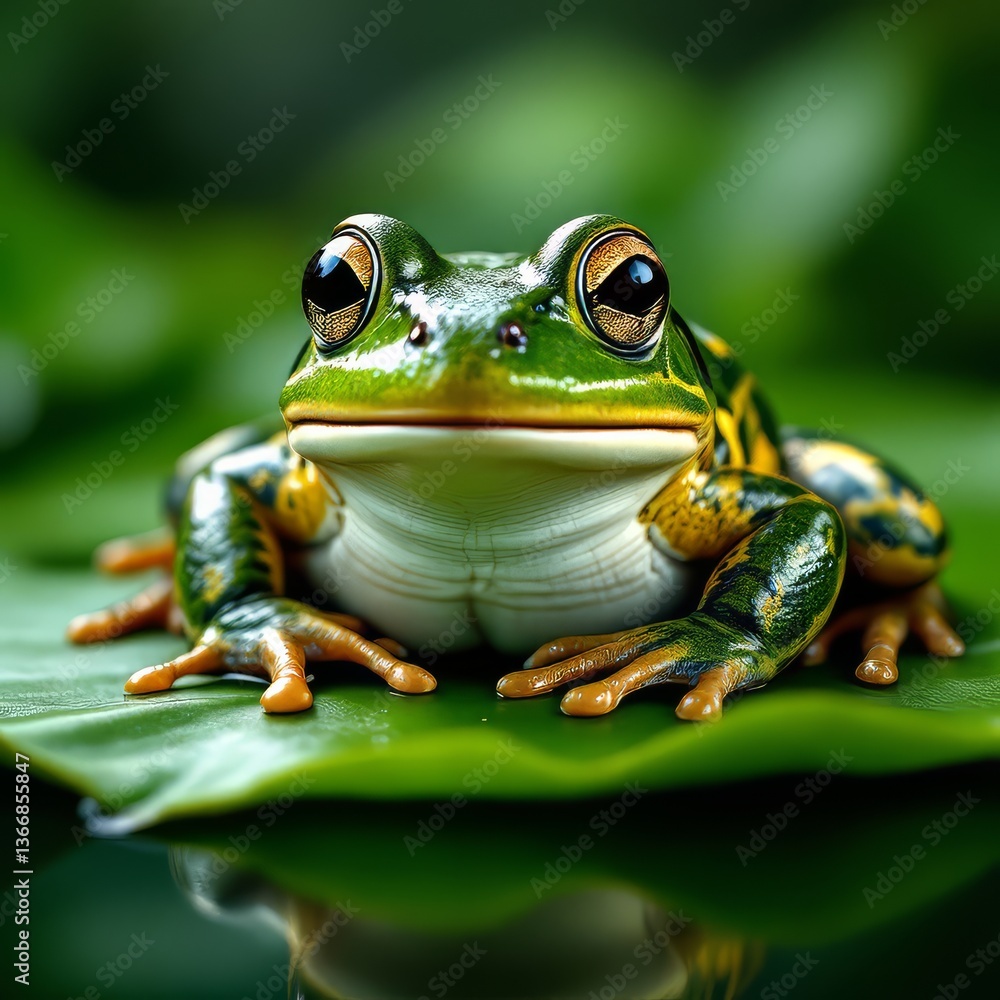 Naklejka premium Green and Yellow Frog Sitting on a Large Lily Pad Close Up