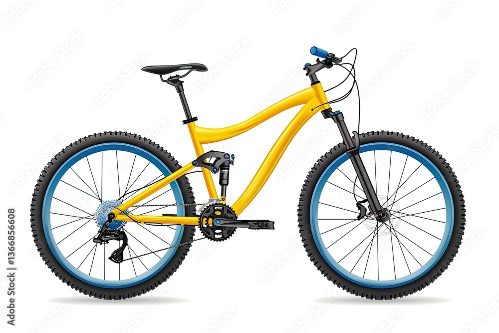 Fototapeta premium A vibrant yellow mountain bike designed for off-road cycling adventures. isolated on white background