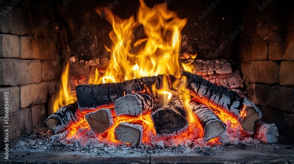 Fototapeta premium firewood burning with glowing red charcoal, the flames dancing around the embers in the cool night air.