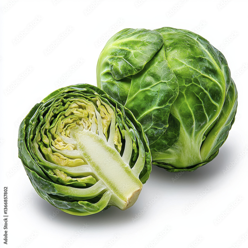Fototapeta premium Fresh green Brussels sprouts are displayed on white background, showcasing one whole and one halved sprout with vibrant leaves