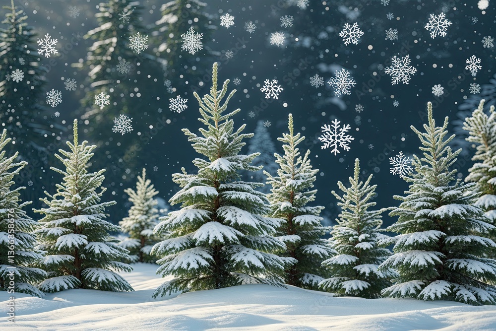 Obraz premium Enchanting Winter Wonderland with Snow Flurries on Spruce Tree Branches for Holiday Festivities