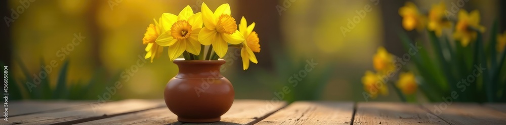 custom made wallpaper toronto digitalBright daffodils in a terracotta vase on a wooden table, clay, nature