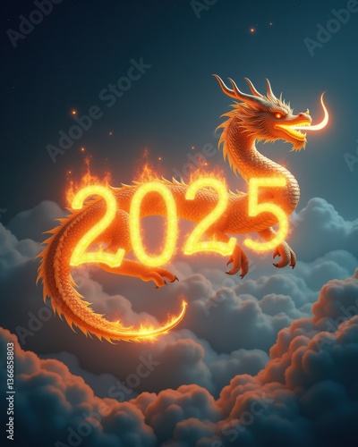 Majestic golden dragon with fiery glowing 2025 in the sky, symbolizing the Chinese New Year, strength, and prosperity in a fantasy-inspired celebration artwork