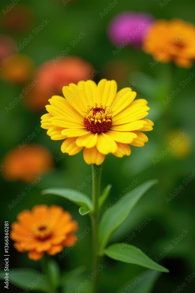 Bright yellow zinnia flower blooming in a garden bed, bright, summer Bright yellow zinnia flower blooming in a garden bed, bright, summer