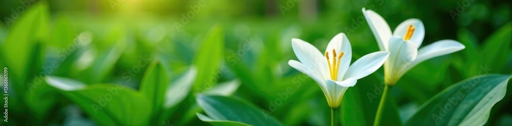 Fototapeta premium Delicate white lily petals unfold on lush green foliage, spring, botanical