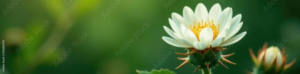Fototapeta premium Delicate white petals forming a crown around thorny stem, flora, thorns, plantlife
