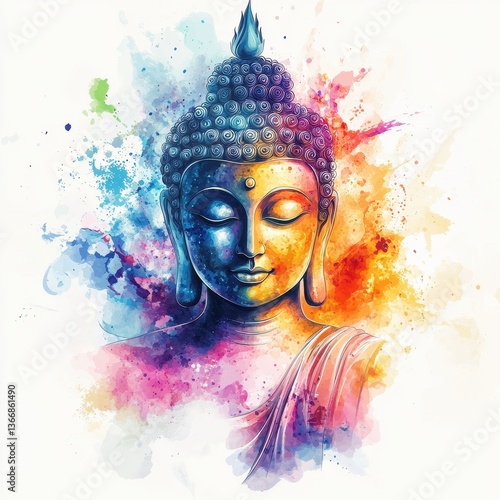 Vector art of Buddha in watercolor, soft vibrant colors with slight chaotic splashes, representing spiritual calm amidst creative disorder
