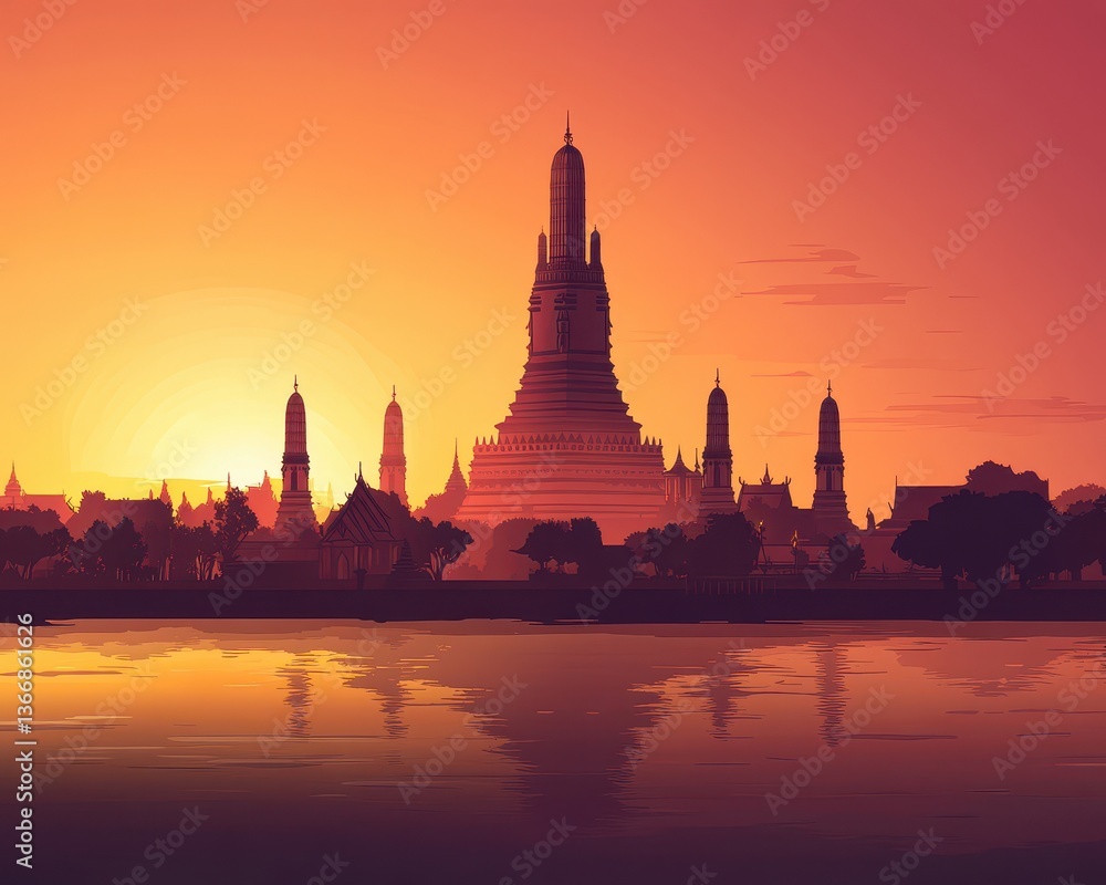 Fototapeta premium Thai silhouette background featuring Wat Arun and palm trees with a warm gradient sky