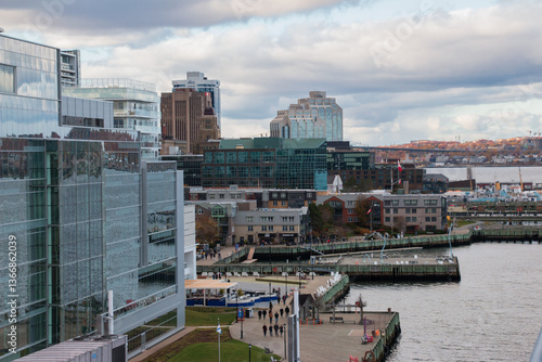View of buildings along the Halifax Waterfront area in Halifax, Nova Scotia, Canada. Shot on an overcast autumn day.
