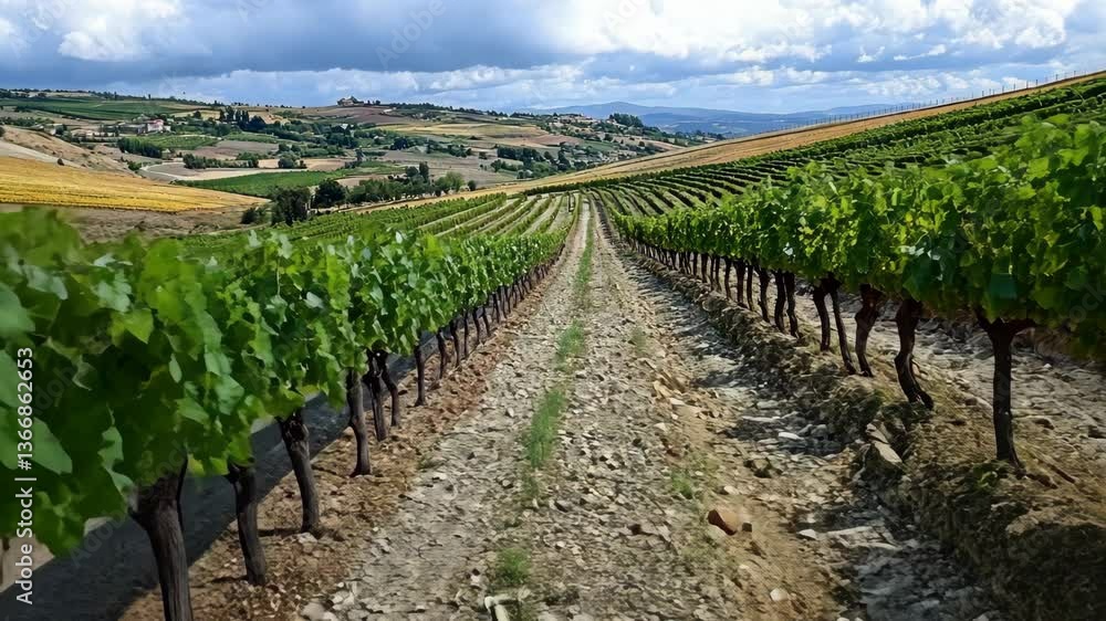 Lush vineyards stretching across rolling hills under a bright blue sky with clouds in the afternoon light Lush vineyards stretching across rolling hills under a bright blue sky with clouds in the afternoon light