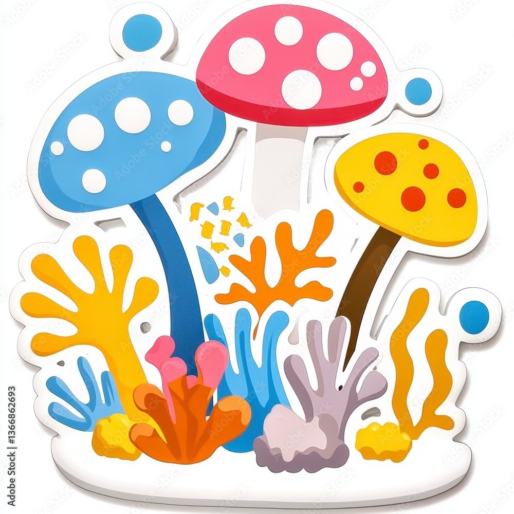 Fototapeta premium Colorful Cartoon Mushrooms and Coral Illustration with Whimsical Flat Design