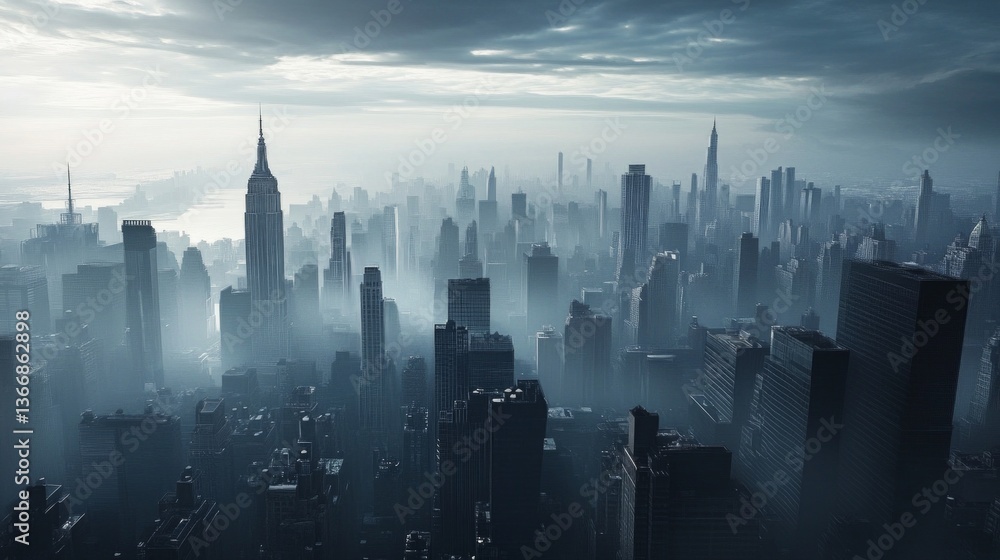 Misty skyline view of new york city urban architecture foggy atmosphere aerial perspective urban exploration Misty skyline view of new york city urban architecture foggy atmosphere aerial perspective urban exploration