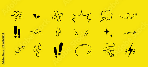 Anime Emotion effect icons. Manga doodle set. Comic emotion symbols. Hand drawn Vector illustration on yellow background.