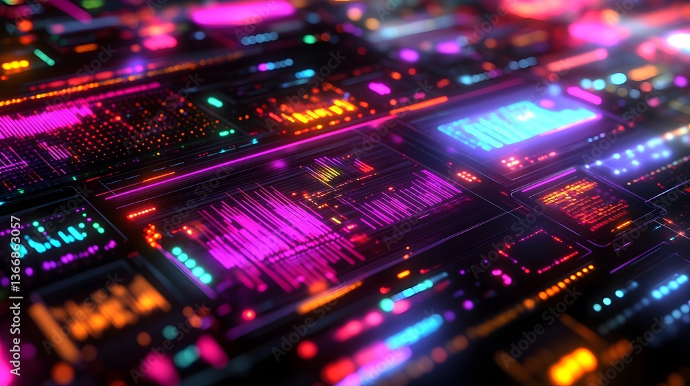 A vibrant illustration of digital circuit board glowing with bright colors A vibrant illustration of digital circuit board glowing with bright colors