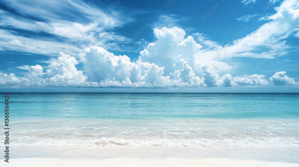 Fototapeta premium Beautiful beach with white sand and blue sky background, a summer vacation concept banner with copy space for text.