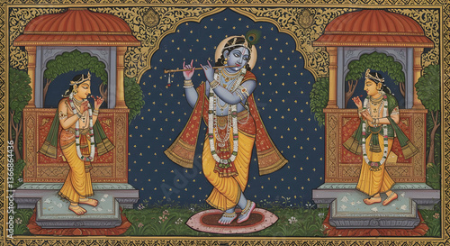 Indian Painting Krishna Mythological Religious Art