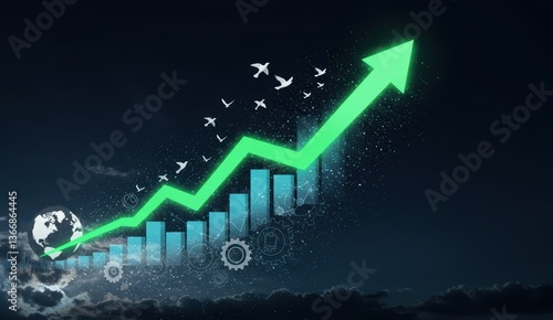 Green upward arrow with graphs and birds over globe in night sky. Represents growth, analytics, and innovation themes.